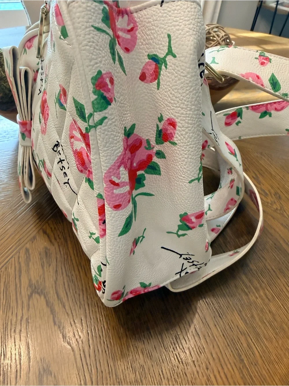Betsey Johnson Floral Mini Backpack White Pink Roses Bow Purse